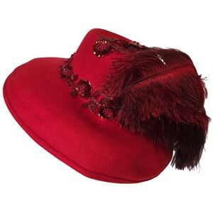 Vintage Stunning Red Wool Wide Brim Hat Feathers Sequins
